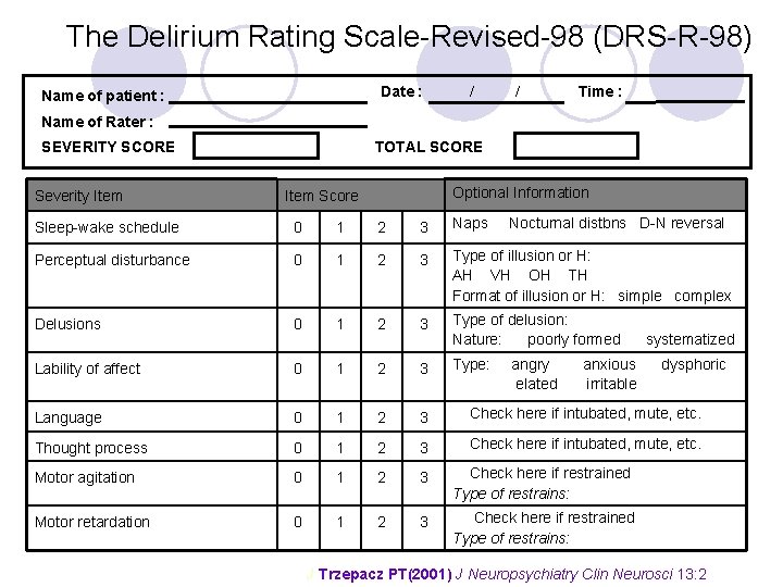 The Delirium Rating Scale-Revised-98 (DRS-R-98) Date : Name of patient : / / Time