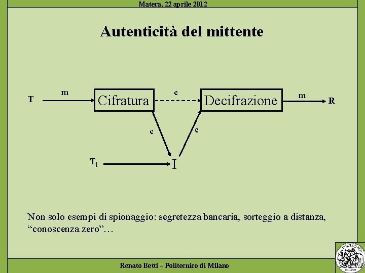 Autenticità del mittente T m c Cifratura m R c c T 1 Decifrazione