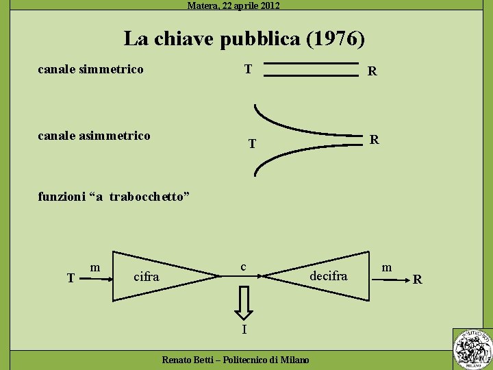 La chiave pubblica (1976) canale simmetrico T R canale asimmetrico funzioni “a trabocchetto” T