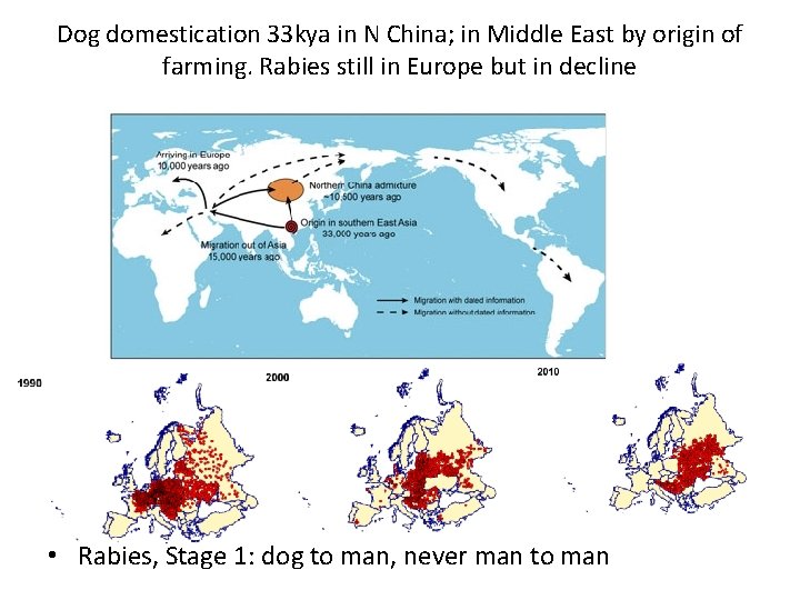 Dog domestication 33 kya in N China; in Middle East by origin of farming.