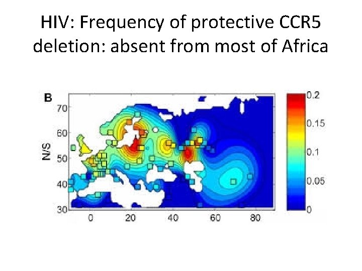HIV: Frequency of protective CCR 5 deletion: absent from most of Africa 