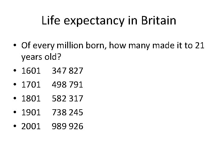 Life expectancy in Britain • Of every million born, how many made it to