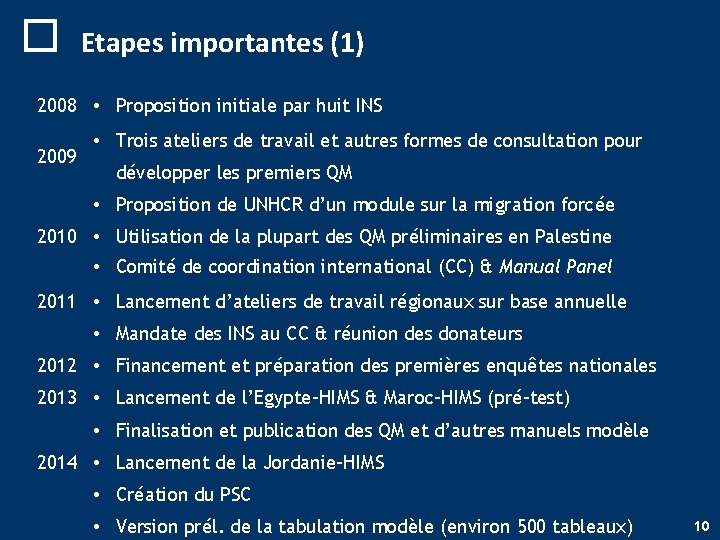 o Etapes importantes (1) 2008 • Proposition initiale par huit INS 2009 • Trois