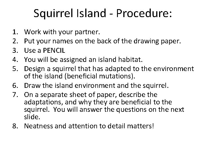 Squirrel Island - Procedure: 1. 2. 3. 4. 5. Work with your partner. Put