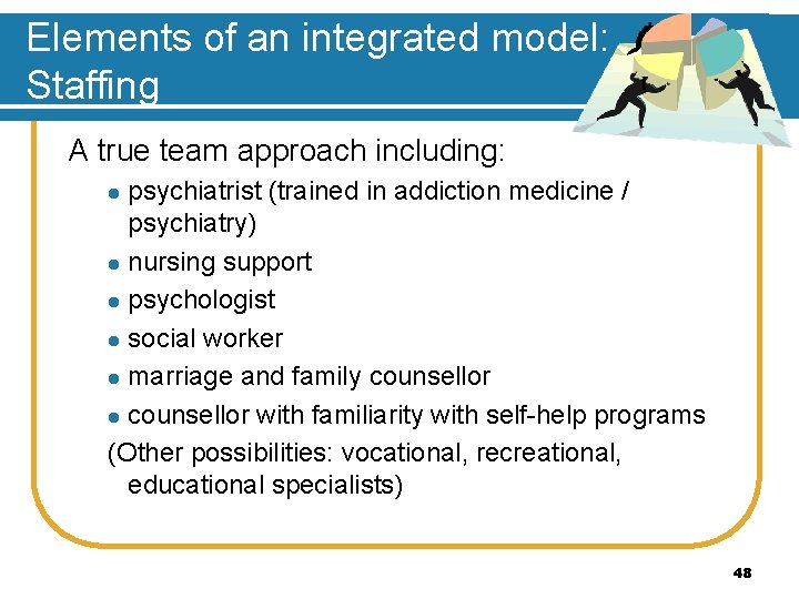 Elements of an integrated model: Staffing A true team approach including: psychiatrist (trained in