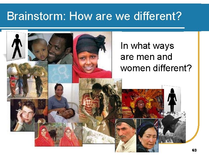 Brainstorm: How are we different? In what ways are men and women different? 63