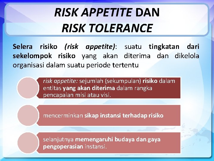 RISK APPETITE DAN RISK TOLERANCE Selera risiko (risk appetite): suatu tingkatan dari sekelompok risiko