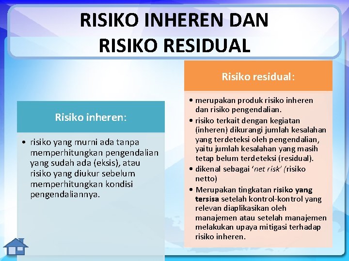 RISIKO INHEREN DAN RISIKO RESIDUAL Risiko residual: Risiko inheren: • risiko yang murni ada