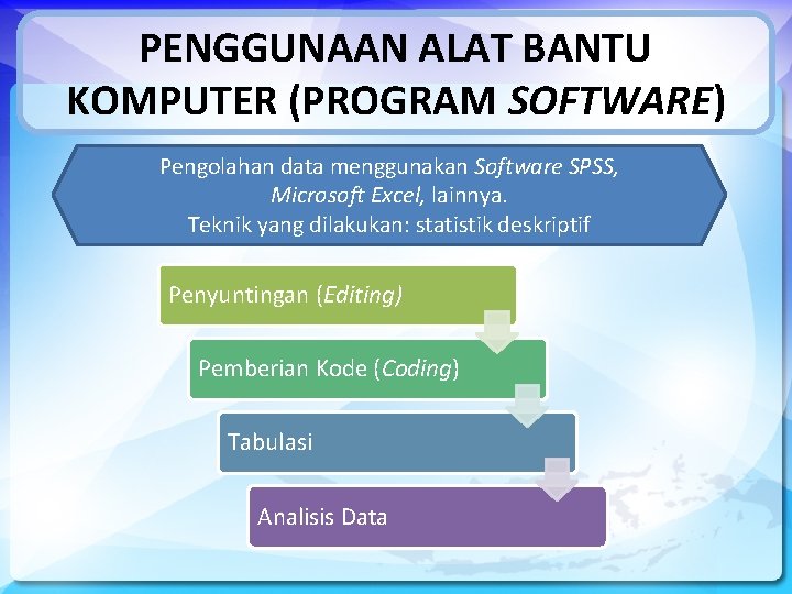 PENGGUNAAN ALAT BANTU KOMPUTER (PROGRAM SOFTWARE) Pengolahan data menggunakan Software SPSS, Microsoft Excel, lainnya.