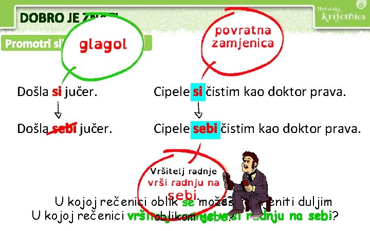 DOBRO JE ZNATI Promotri sljedeće rečenice. Došla si jučer. Cipele si čistim kao doktor