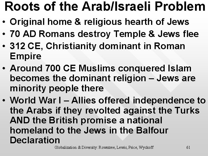 Roots of the Arab/Israeli Problem • • • Original home & religious hearth of