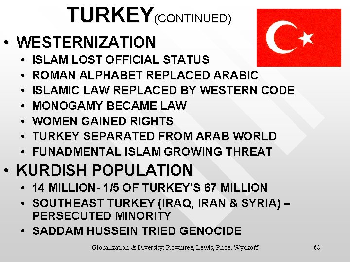 TURKEY(CONTINUED) • WESTERNIZATION • • ISLAM LOST OFFICIAL STATUS ROMAN ALPHABET REPLACED ARABIC ISLAMIC