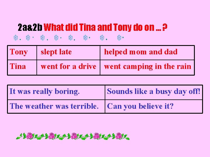 2 a&2 b What did Tina and Tony do on … ? Tony slept 2 a&2 b What did Tina and Tony do on … ? Tony slept