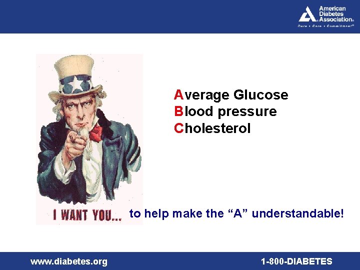 Average Glucose Blood pressure Cholesterol to help make the “A” understandable! www. diabetes. org