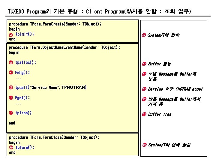 TUXEDO Program의 기본 유형 : Client Program(XA사용 안함 : 조회 업무) procedure TForm. Create(Sender: