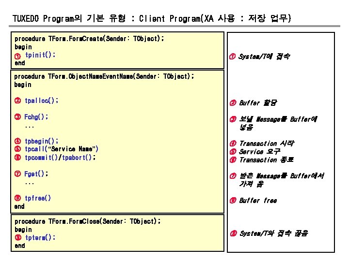 TUXEDO Program의 기본 유형 : Client Program(XA 사용 : 저장 업무) procedure TForm. Create(Sender: