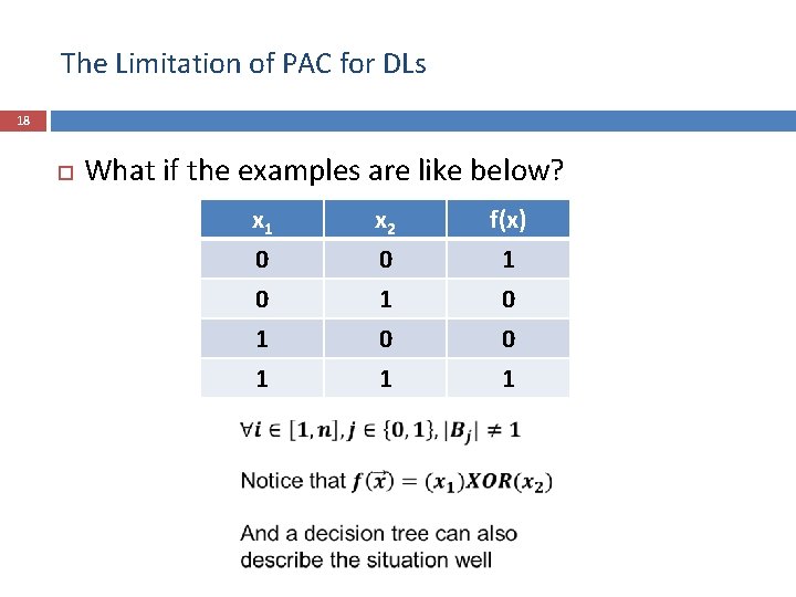The Limitation of PAC for DLs 18 What if the examples are like below?