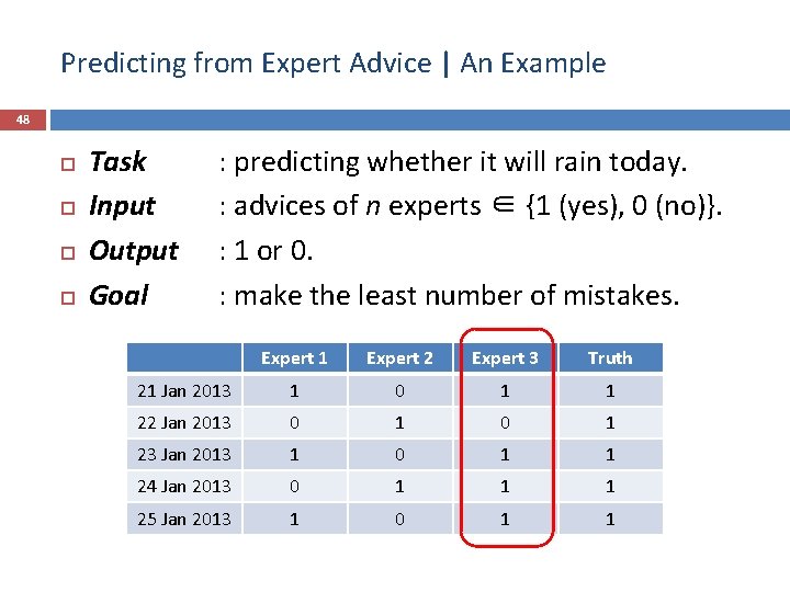 Predicting from Expert Advice | An Example 48 Task Input Output Goal : predicting