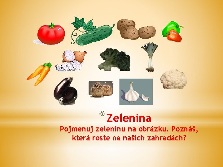 * Zelenina Pojmenuj zeleninu na obrázku. Poznáš, která roste na našich zahradách? 