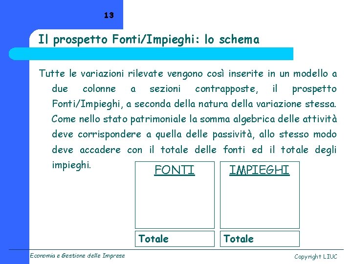 13 Il prospetto Fonti/Impieghi: lo schema Tutte le variazioni rilevate vengono così inserite in