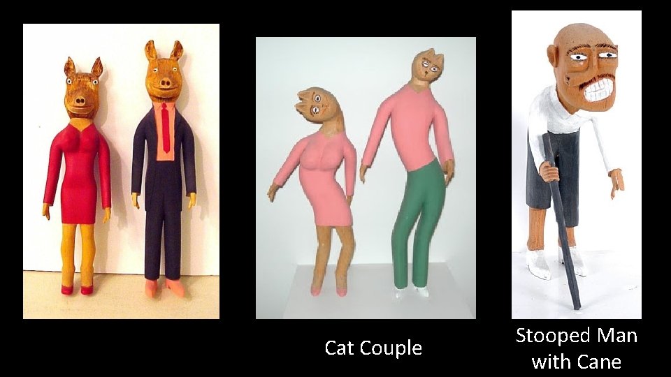 Cat Couple Stooped Man with Cane 