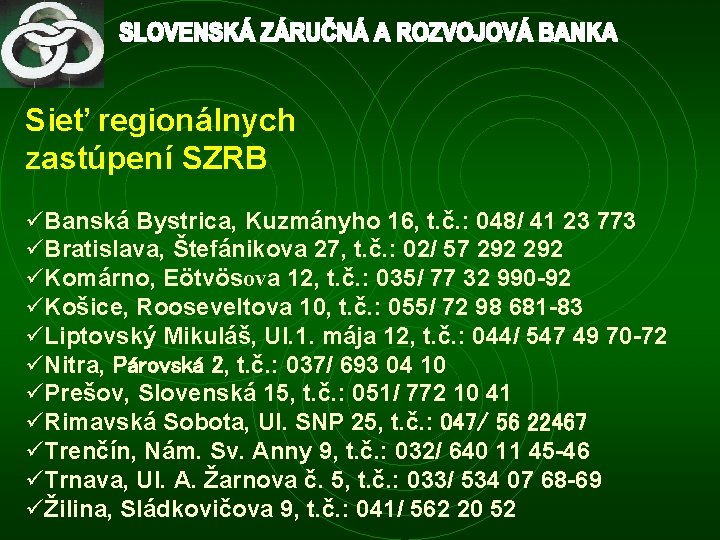 Sieť regionálnych zastúpení SZRB üBanská Bystrica, Kuzmányho 16, t. č. : 048/ 41 23