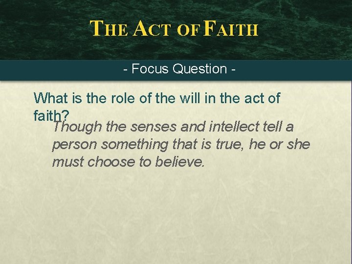 THE ACT OF FAITH - Focus Question - What is the role of the