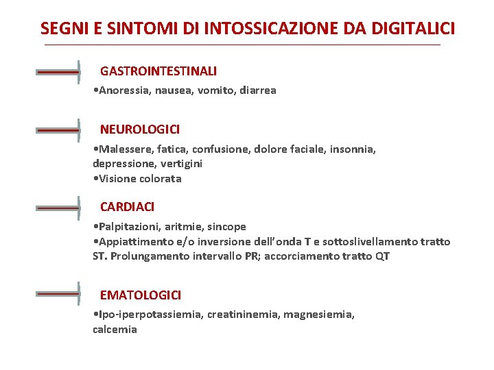 SEGNI E SINTOMI DI INTOSSICAZIONE DA DIGITALICI GASTROINTESTINALI • Anoressia, nausea, vomito, diarrea NEUROLOGICI