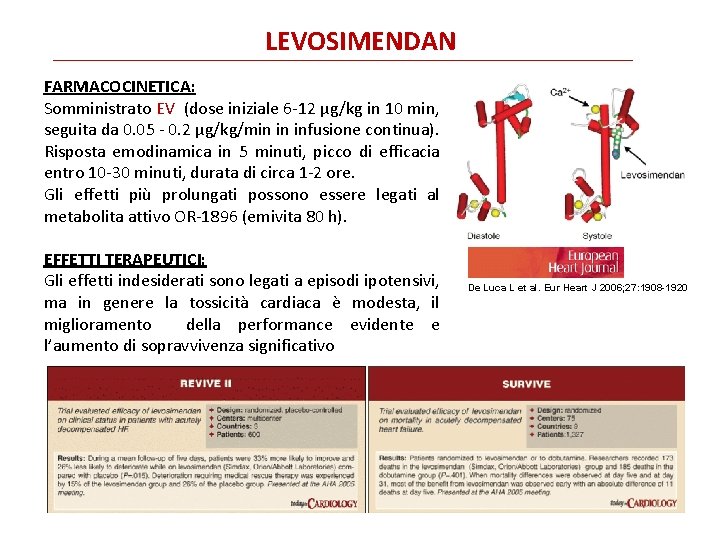 LEVOSIMENDAN FARMACOCINETICA: Somministrato EV (dose iniziale 6 -12 µg/kg in 10 min, seguita da