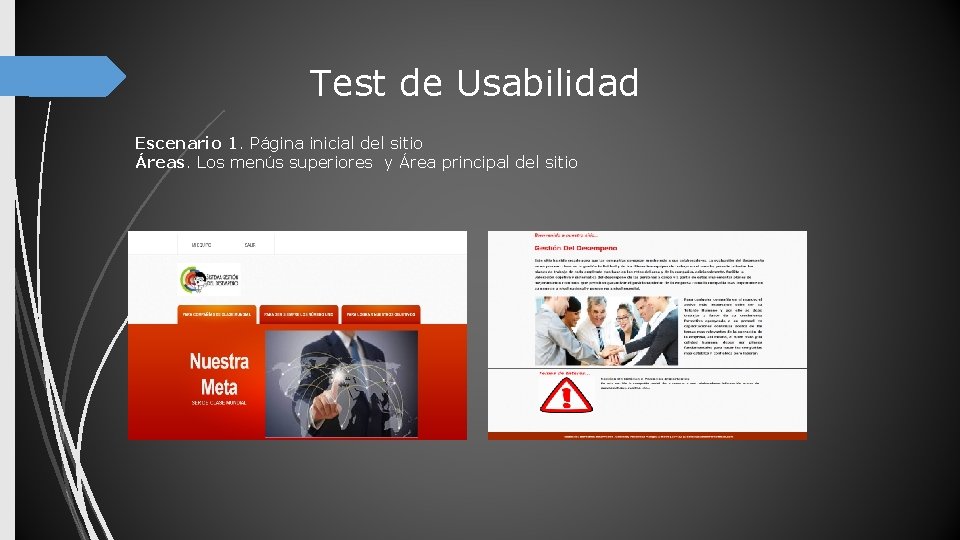 Test de Usabilidad Escenario 1. Página inicial del sitio Áreas. Los menús superiores y