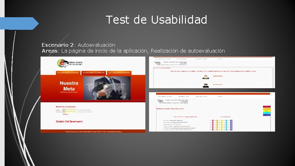 Test de Usabilidad Escenario 2: Autoevaluación Areas: La página de inicio de la aplicación,