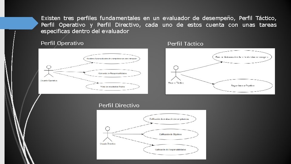 Existen tres perfiles fundamentales en un evaluador de desempeño, Perfil Táctico, Perfil Operativo y