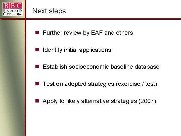 Next steps Further review by EAF and others Identify initial applications Establish socioeconomic baseline Next steps Further review by EAF and others Identify initial applications Establish socioeconomic baseline