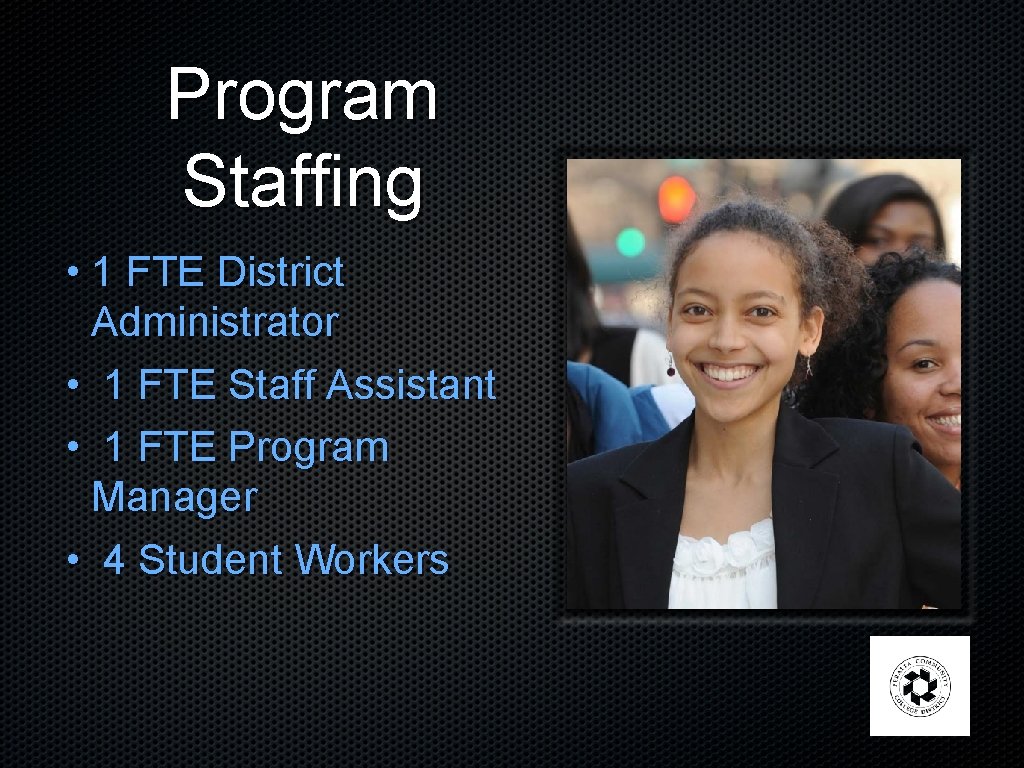 Program Staffing • 1 FTE District Administrator • 1 FTE Staff Assistant • 1
