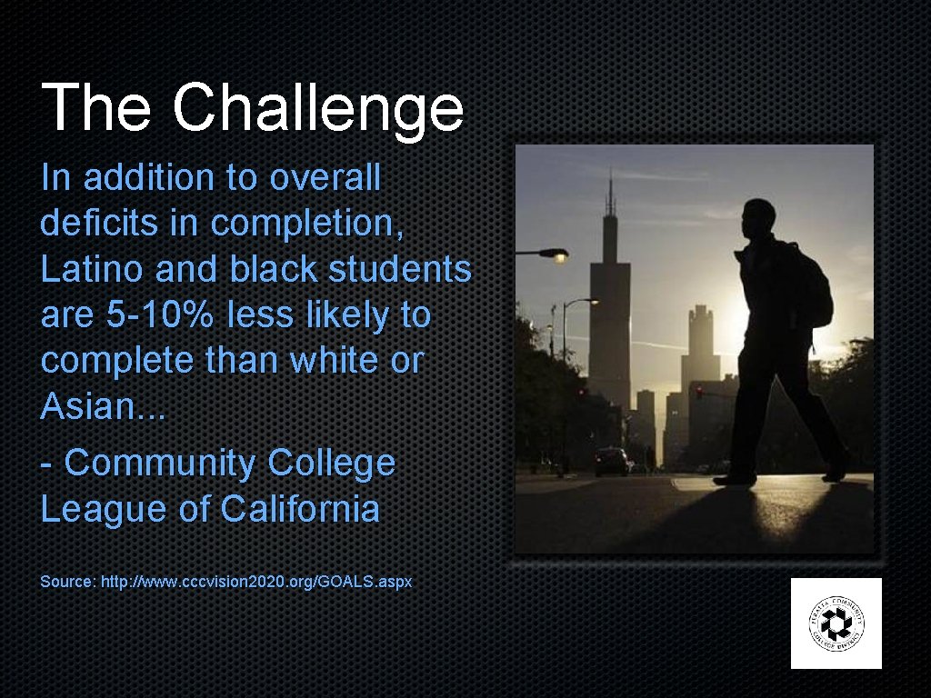 The Challenge In addition to overall deficits in completion, Latino and black students are