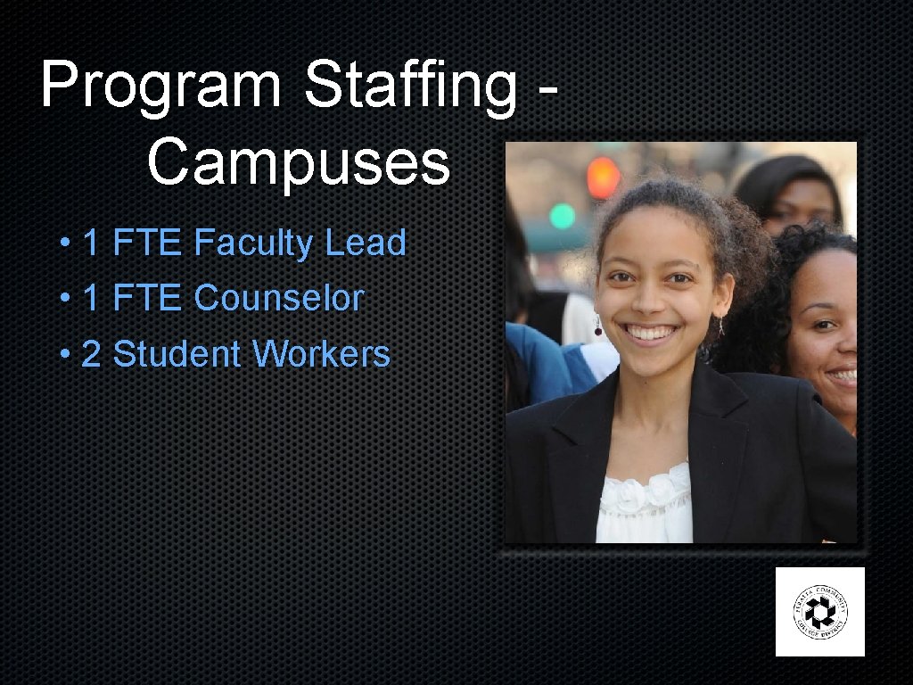 Program Staffing Campuses • 1 FTE Faculty Lead • 1 FTE Counselor • 2