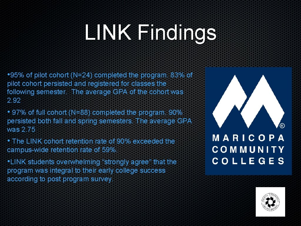 LINK Findings • 95% of pilot cohort (N=24) completed the program. 83% of pilot