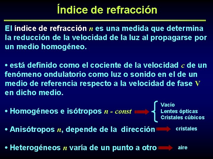 Índice de refracción El índice de refracción n es una medida que determina la
