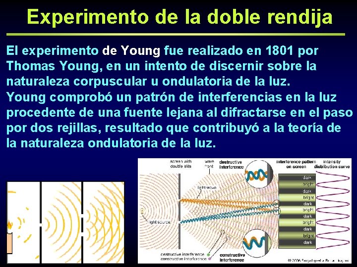 Experimento de la doble rendija El experimento de Young fue realizado en 1801 por