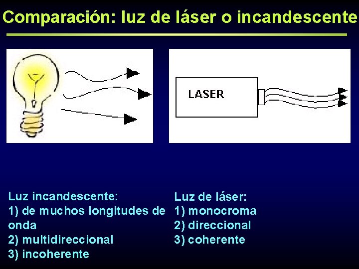 Comparación: luz de láser o incandescente Luz incandescente: 1) de muchos longitudes de onda