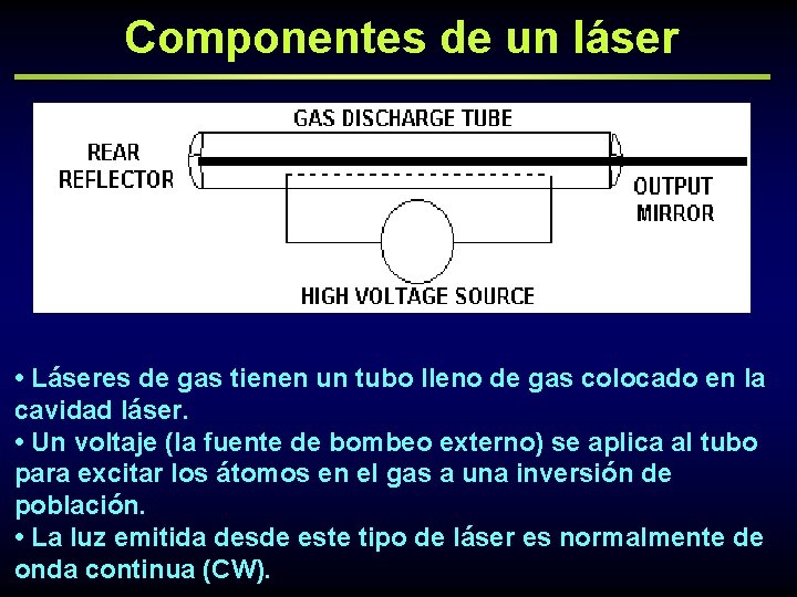 Componentes de un láser • Láseres de gas tienen un tubo lleno de gas