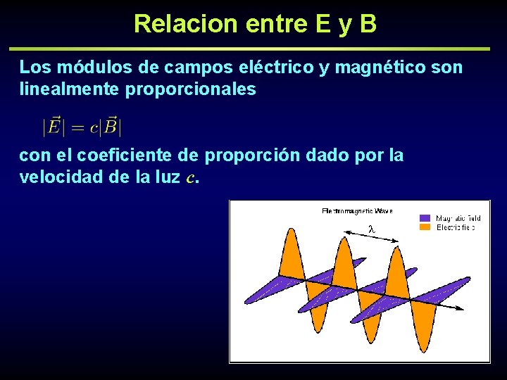 Relacion entre E y B Los módulos de campos eléctrico y magnético son linealmente