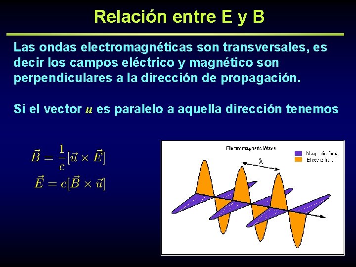 Relación entre E y B Las ondas electromagnéticas son transversales, es decir los campos