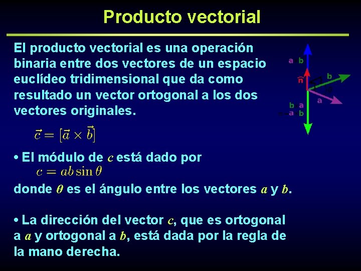 Producto vectorial El producto vectorial es una operación binaria entre dos vectores de un