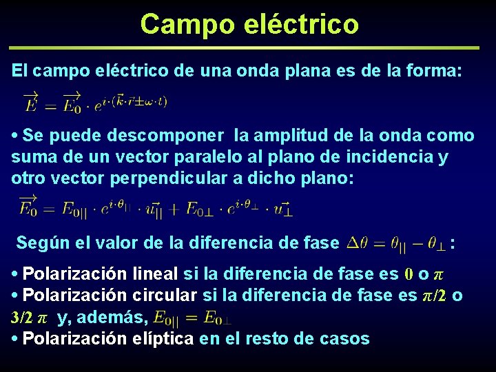 Campo eléctrico El campo eléctrico de una onda plana es de la forma: •
