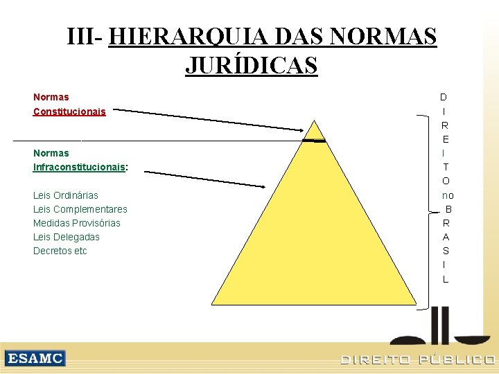 III- HIERARQUIA DAS NORMAS JURÍDICAS Normas Constitucionais Normas Infraconstitucionais: Leis Ordinárias Leis Complementares Medidas