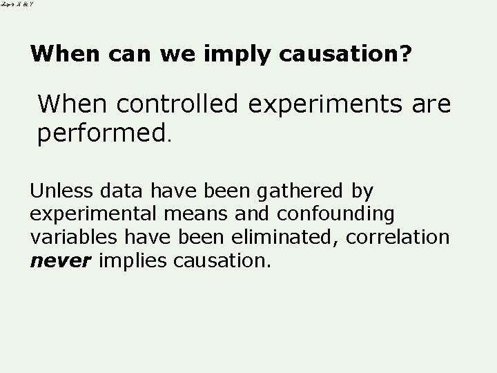 When can we imply causation? When controlled experiments are performed. Unless data have been When can we imply causation? When controlled experiments are performed. Unless data have been