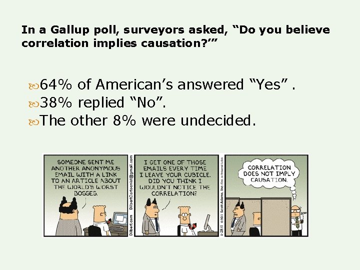 In a Gallup poll, surveyors asked, “Do you believe correlation implies causation? ’” 64% In a Gallup poll, surveyors asked, “Do you believe correlation implies causation? ’” 64%