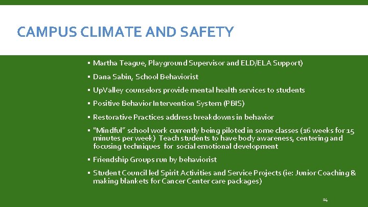 CAMPUS CLIMATE AND SAFETY ▪ Martha Teague, Playground Supervisor and ELD/ELA Support) ▪ Dana