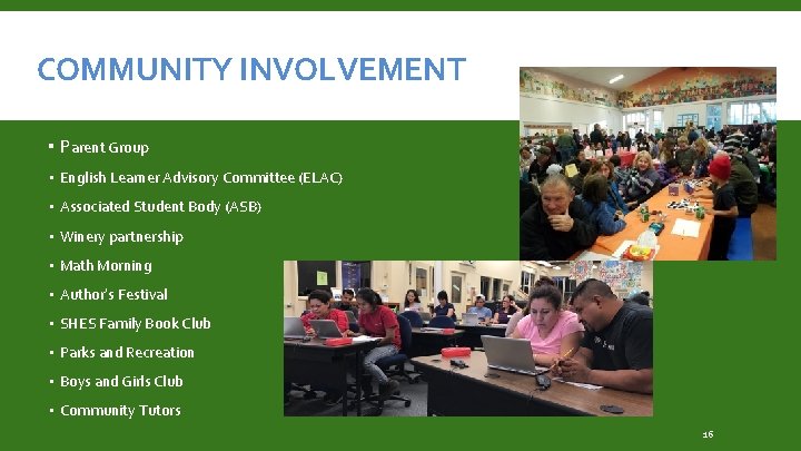 COMMUNITY INVOLVEMENT ▪ Parent Group ▪ English Learner Advisory Committee (ELAC) ▪ Associated Student